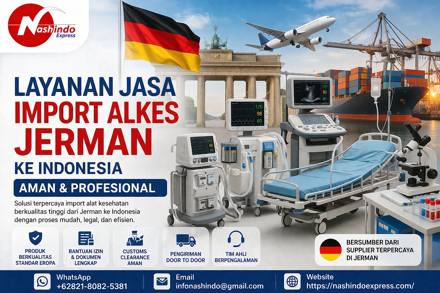 Layanan import alat kesehatan dari Jerman ke Indonesia aman, legal, dan profesional. Dibantu izin alkes, CE, dan customs. Nashindo Express siap bantu!