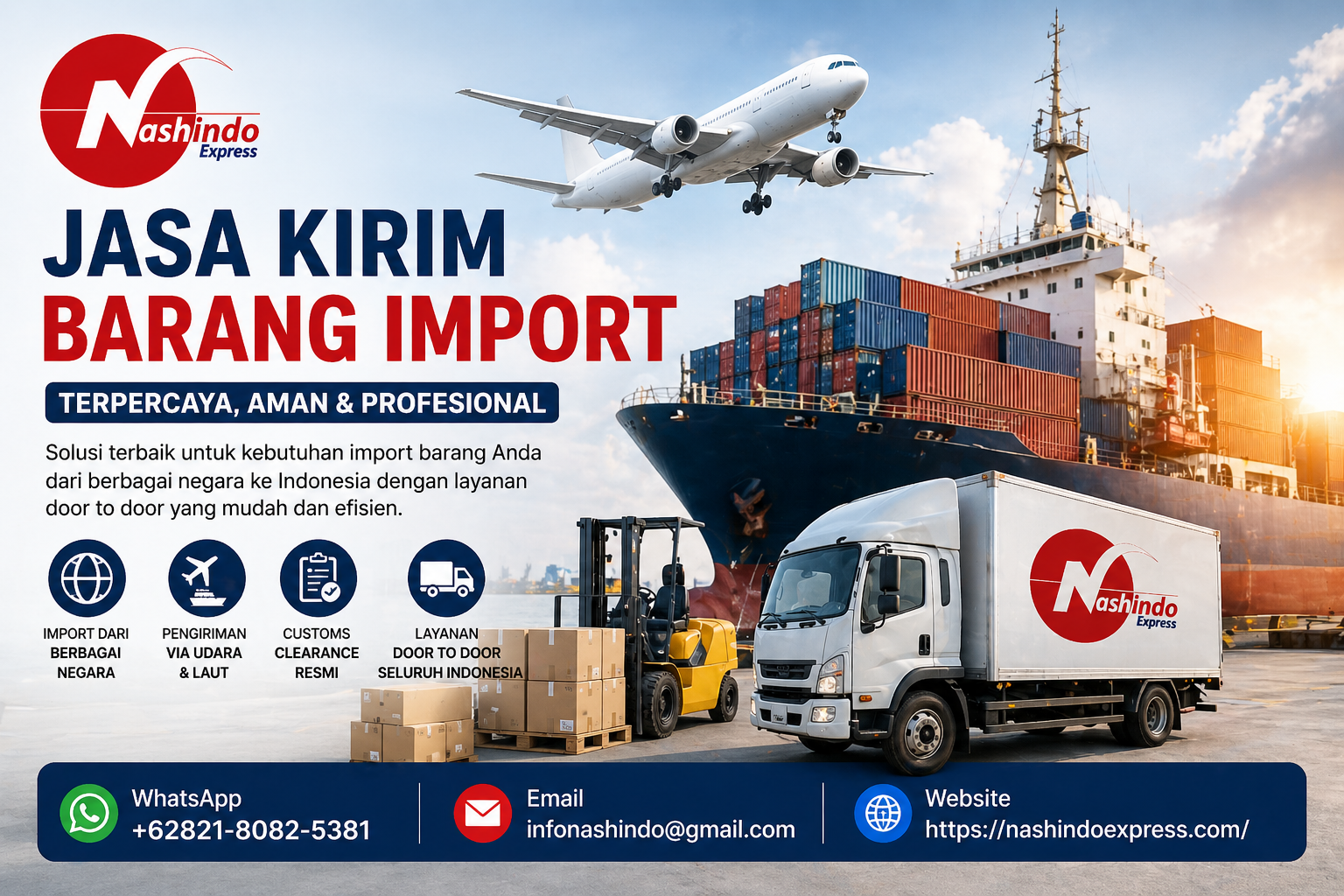 Nashindo Express melayani jasa kirim barang import dari China, Singapore, Malaysia, hingga Eropa ke Indonesia. Door to door, aman, cepat, dan dibantu customs clearance