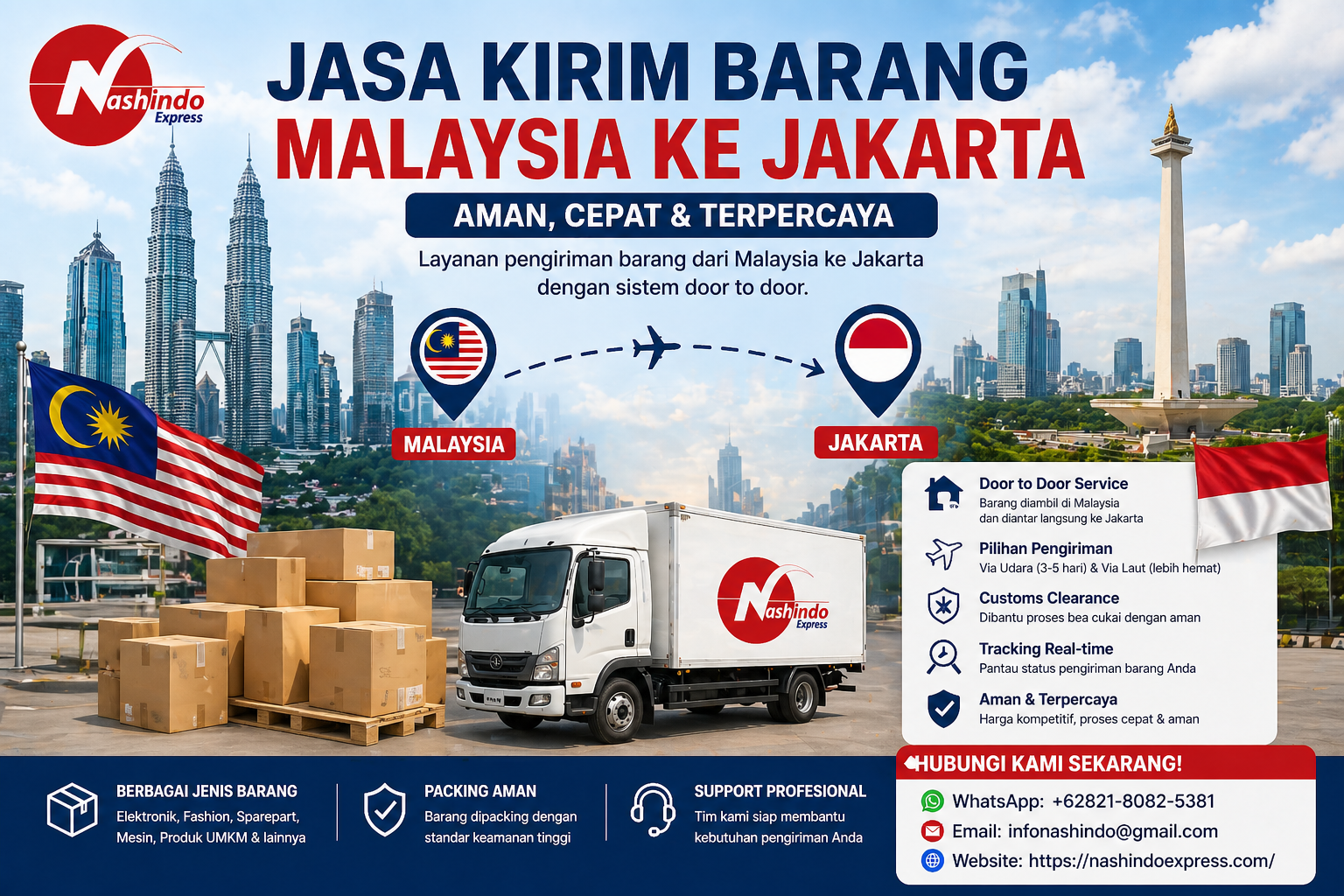 Jasa Import Malaysia Nashindo Express melayani jasa kirim barang dari Malaysia ke Jakarta dengan layanan door to door. Aman, cepat, harga kompetitif, dan dibantu customs clearance