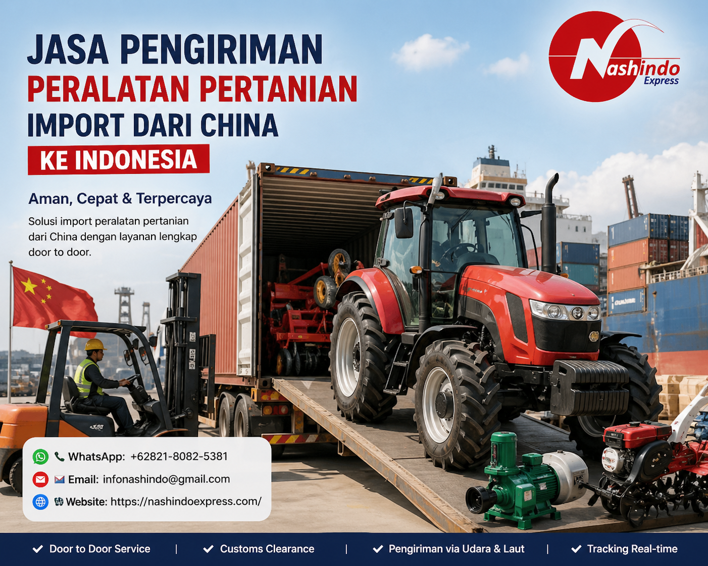 Jasa Import Alat Pertanian Layanan jasa pengiriman peralatan pertanian dari China ke Indonesia aman dan terpercaya. Door to door, harga kompetitif, proses cepat, dan dibantu customs clearance. Hubungi Nashindo Express sekarang